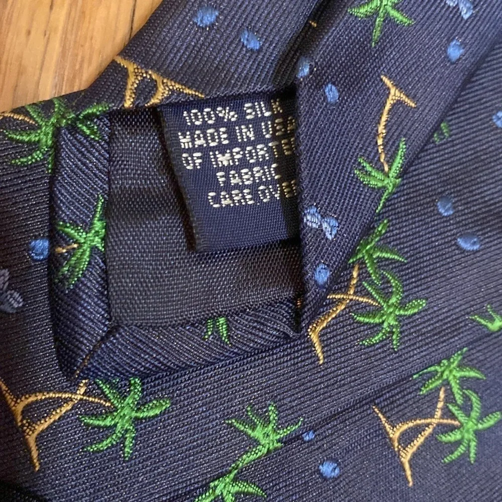 J Crew 100% Silk USA Made Tie Navy Blue Green Palm Trees